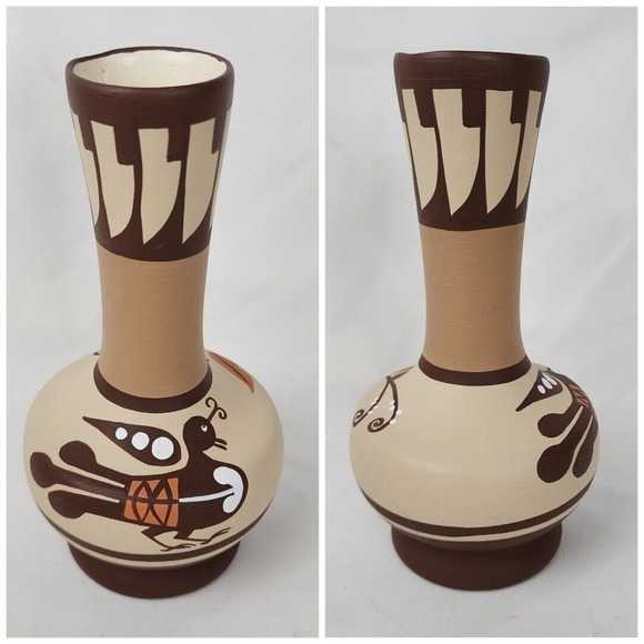Vintage Hand Painted Vase Southwest Style with Native Inspired Spirit Bird Quail - Picture 4 of 9